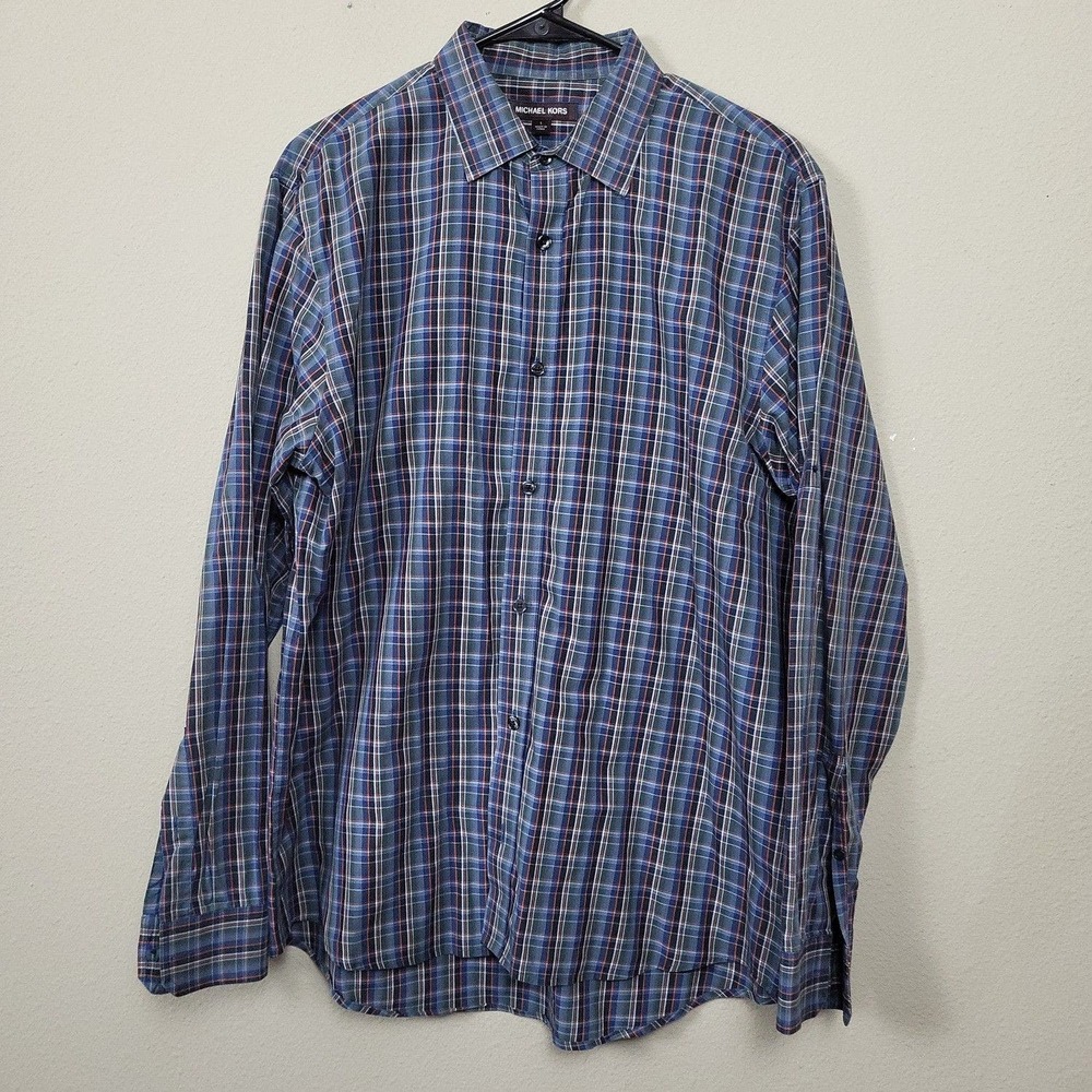 Michael Kors‎ Men's L Long Sleeve Button Up Dress Shirt Green And Blue Plaid